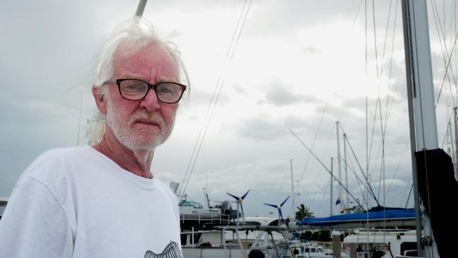 Adelaide man Rodney Lewis on his yacht at Townsville's Breakwater Marina on Thursday morning. Picture: Blair Jackson