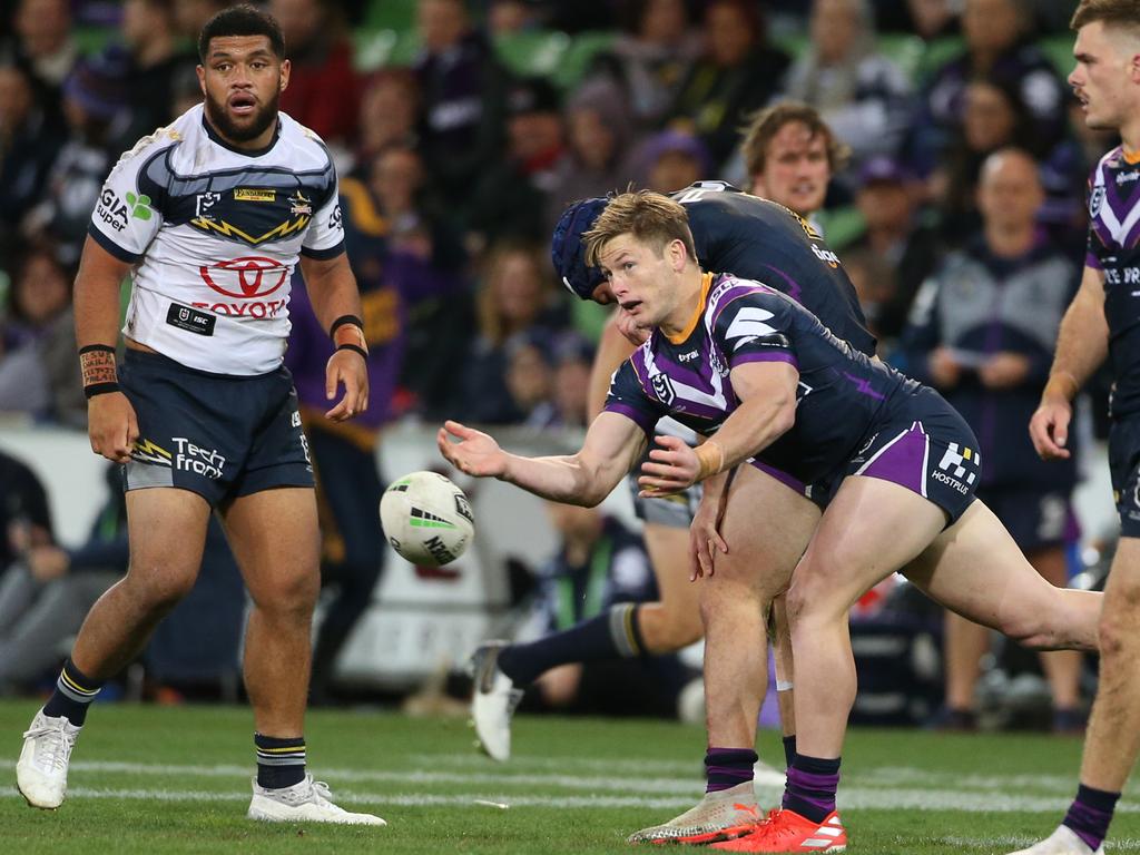 Grant had to wait more than a year to play his second NRL game, when he played off the bench in Round 25 2019 against the Cowboys. Picture: NRL Imagery