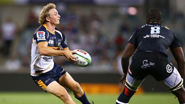 Joe Powell of the Brumbies looks to pass at GIO Stadium in Canberra.