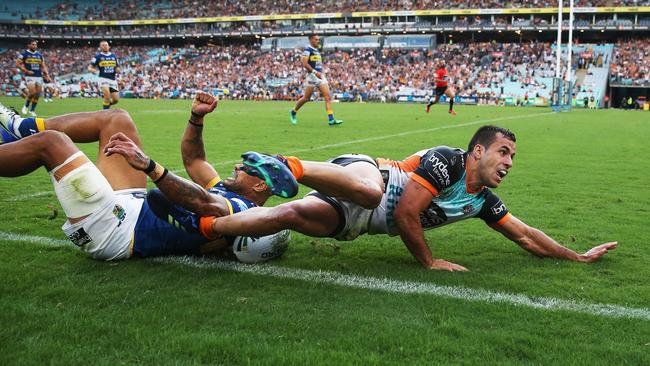 Thompson scored a double in the Tigers win over Parramatta.