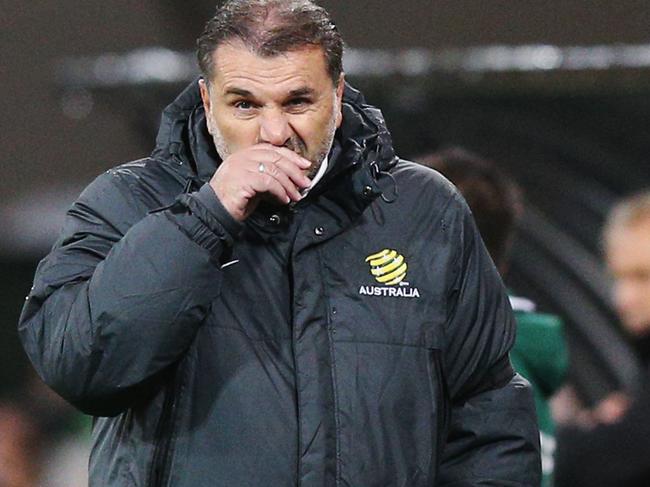 MELBOURNE, AUSTRALIA - SEPTEMBER 05:  Socceroos head coach Ange Postecoglou looks nervous during the 2018 FIFA World Cup Qualifier match between the Australian Socceroos and Thailand at AAMI Park on September 5, 2017 in Melbourne, Australia.  (Photo by Michael Dodge/Getty Images)