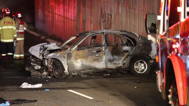 The burnout remains of the Honda Civic Mr Awac was driving on Bungarribee Rd, Blacktown on March 25, 2018.