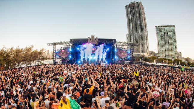 Music fans enjoying Ultra Beach Gold Coast at the Broadwater Parklands on Friday April 12. The Meriton and Shores buildings can be seen in the background. Picture: Supplied.