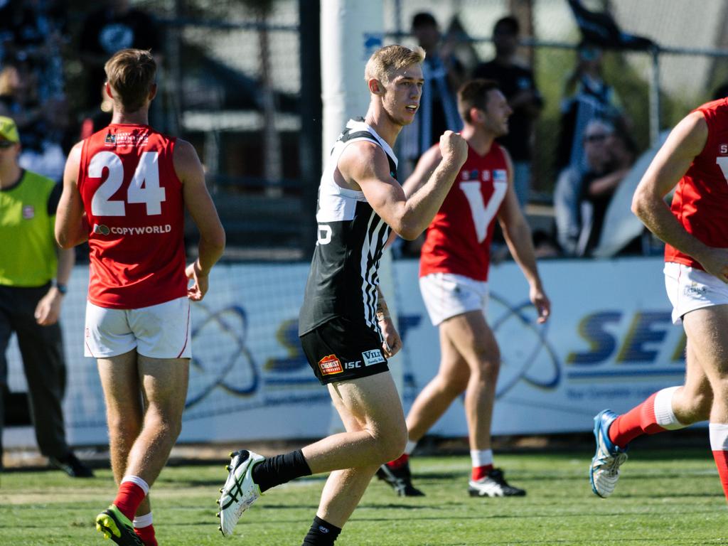 Todd Marshall with his fists in the air after scoring a goal during the SANFL Port Adelaide versus North Adelaide at Alberton Oval on Sunday, April 14, 2019. (AAP Image/ Morgan Sette)