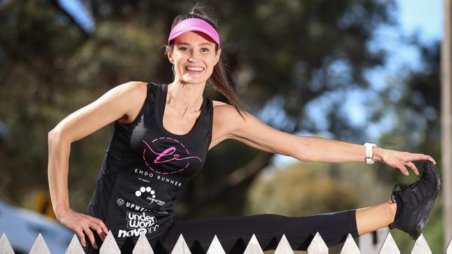 Kylie Brown, wife of AFL champion Jonathan Brown, is running her first marathon on to raise awareness and funds for endometriosis. Picture: Alex Coppel