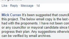 SOCIAL MEDIA IMAGE DISCUSS USE WITH YOUR EDITOR - Comment by incumbent Mayor Mick Curran disputing claims about Aurum Pacific's mining plan for Gympie's goldfields.