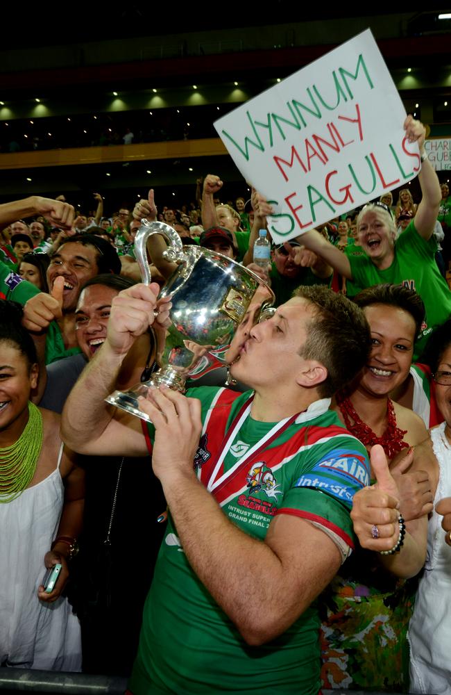 Wynnum captain Luke Dalziel-Don with the fans and the trophy after the Intrust Super Cup 2012 Grand Final at Suncorp Stadium.