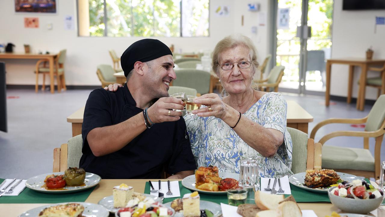 The yummy food at the Greek Community Home For The Aged in Earlwood. Chef Panayiotis Giannakopoulos with resident Adele Koutsoukos (right). Picture: Sam Ruttyn