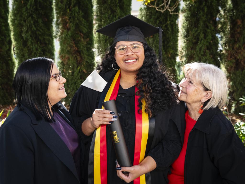 Alexandra Hay celebrates her Bachelor of Arts degree with her mum Rebecca Hay and grandmother Nola White at the UniSQ graduation ceremony at Empire Theatres, Tuesday, June 27, 2023. Picture: Kevin Farmer
