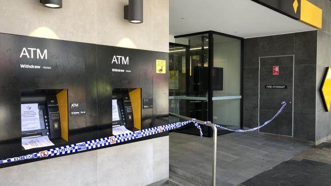 Damage to the Commonwealth Bank branch on The Corso, Manly, allegedly caused by a man armed with a hammer. Picture: Jim O'Rourke