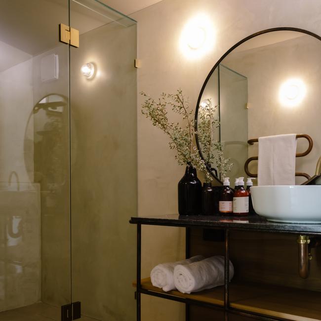 An ensuite inside an ‘eco structure’ glamping tent at Peninsula Hot Springs Resort, Victoria.