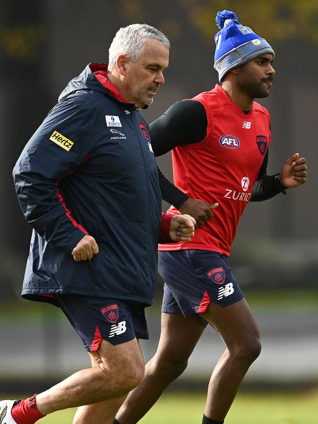 Williams runs with Kysaiah Pickett at Demons training. Picture: Getty Images