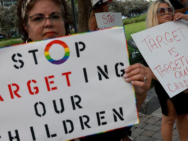 Marlene (did not want to provide last name) and Jill Dahne protest outside of a Target store on June 1, 2023 in Miami, Florida. The protesters were reacting to Pride Month merchandise featuring the rainbow flag. Picture: Joe Raedle/Getty Images via AFP