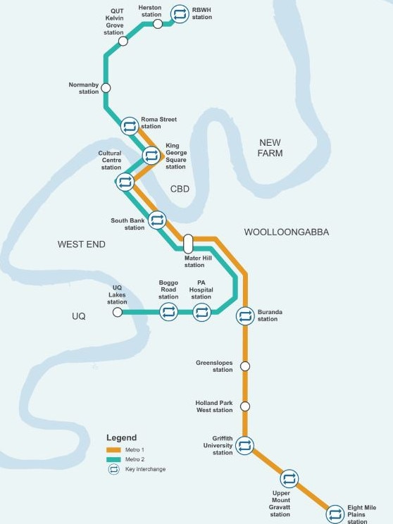 Brisbane Metro route map. The Cultural Centre station is at the centre of a war of words between the State Government and Brisbane City Council. Picture: File.