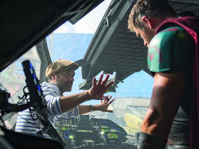 Director Taika Waititi and star Chris Hemsworth on the set of Thor: Ragnarokon the Gold Coast. Many local crew who worked on the film have landed work on the upcoming Dora the Explorer film shoot. Picture: Jasin Boland. ©Marvel Studios 2017