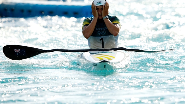 Jessica Fox reacts after her run in the Women's Kayak Slalom Final at the Tokyo 2020 Olympic Games. Photo: Adam Pretty/Getty Images