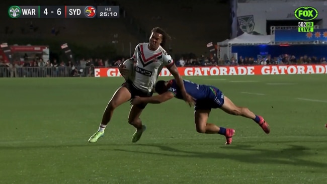 Roger Tuivasa-Sheck's courageous tackle on Dom Young. Photo: Fox Sports