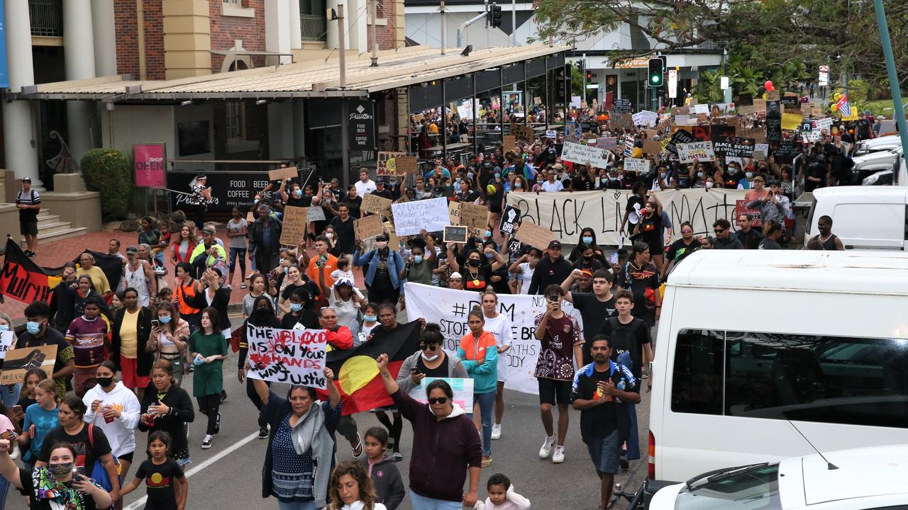 Thousands take to the streets of Cairns in support of the Black Lives Matter movement. Picture: PETER CARRUTHERS