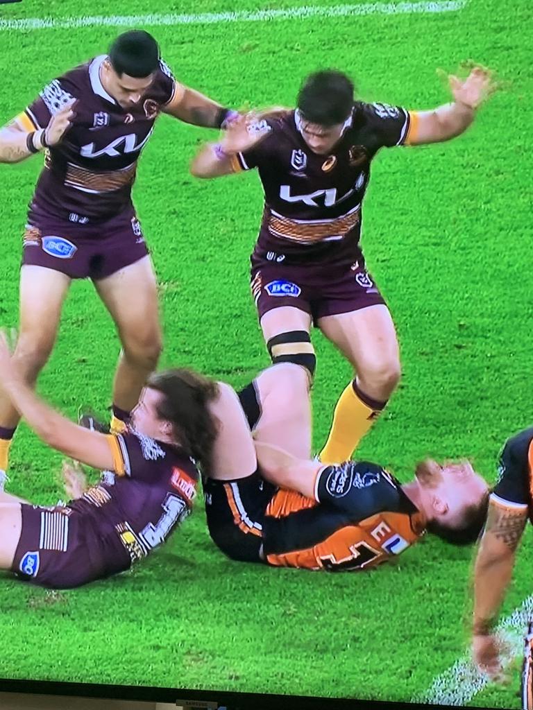 Hastings grabs his ankle.