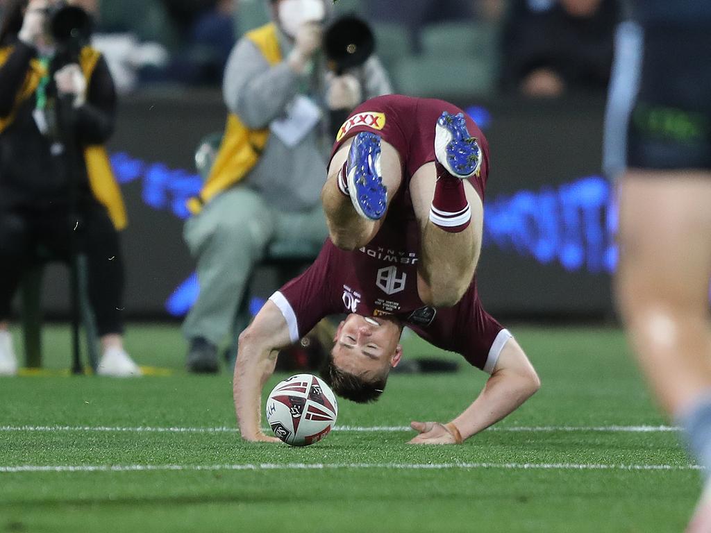 Alexander Brimson scores a try during Game 1 of the 2020 Origin series. Picture: Brett Costello