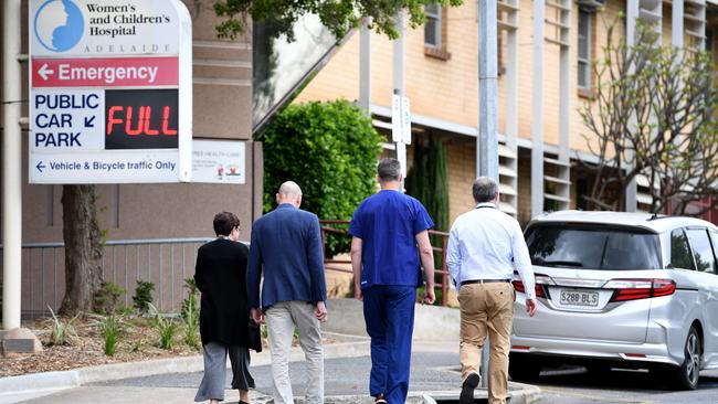 WCH CEO Lindsey Gough, Dr Gavin Wheaton, Dr Todd Maddock and Dr Jayme Bennetts leave the press conference to announce the ECMO service. Picture: Tricia Watkinson