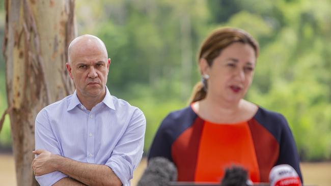 Queensland Premier Annastacia Palaszczuk addressing the media at a press conference with Chief health officer Dr John Gerrard at Seventeen Mile Rocks, Brisbane. Picture: Jerad Williams