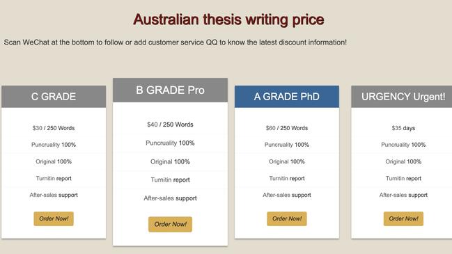 Assignment Joy, which for as little as $US100 per 1000 words will arrange for struggling international students to have their assignments fraudulently written for them. Picture: Assignment Joy