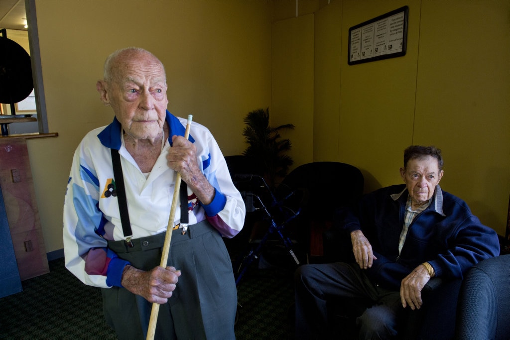 POOL PALS: Milne Bay veterans Bert Miles and Kev Olsen meet regularly at The Newyown Hotel for a meal and game of pool . Thursday, Apr 16 , 2015 . Photo Nev Madsen / The Chronicle. Picture: Nev Madsen