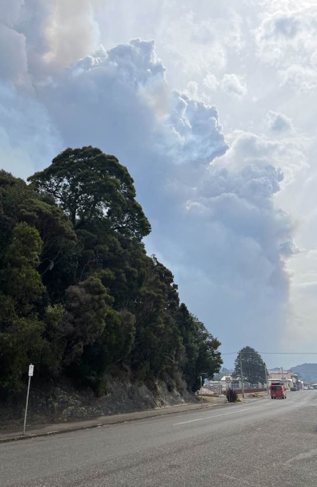 A social media post showing smoke from a bushfire on the outskirts of Zeehan.