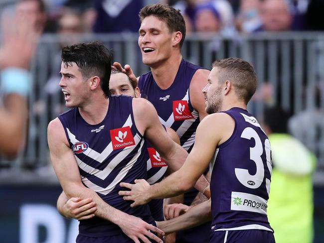 PERTH, AUSTRALIA - JUNE 11: Andrew Brayshaw of the Dockers celebrates after scoring a goal during the 2022 AFL Round 13 match between the Fremantle Dockers and the Hawthorn Hawks at Optus Stadium on June 11, 2022 in Perth, Australia. (Photo by Will Russell/AFL Photos via Getty Images)