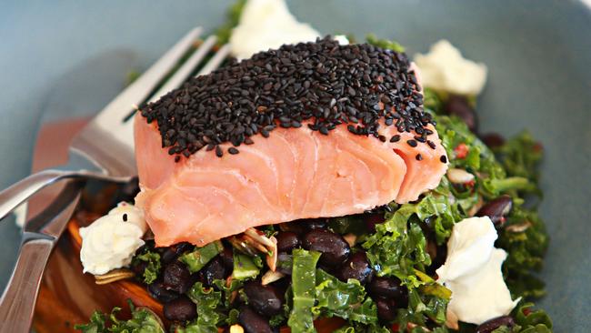 Salmon salad comes with kale tabouli and labne. Picture: Adam Yip.