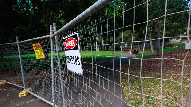 Daily Telegraph. 13, February, 2024. HARMONY PARK, Surry Hills, today. Most harmful, friable asbestos (if disturbed it can become airborne) this park has been fenced off 12 hours after city of Sydney got the report. Picture: Justin Lloyd.