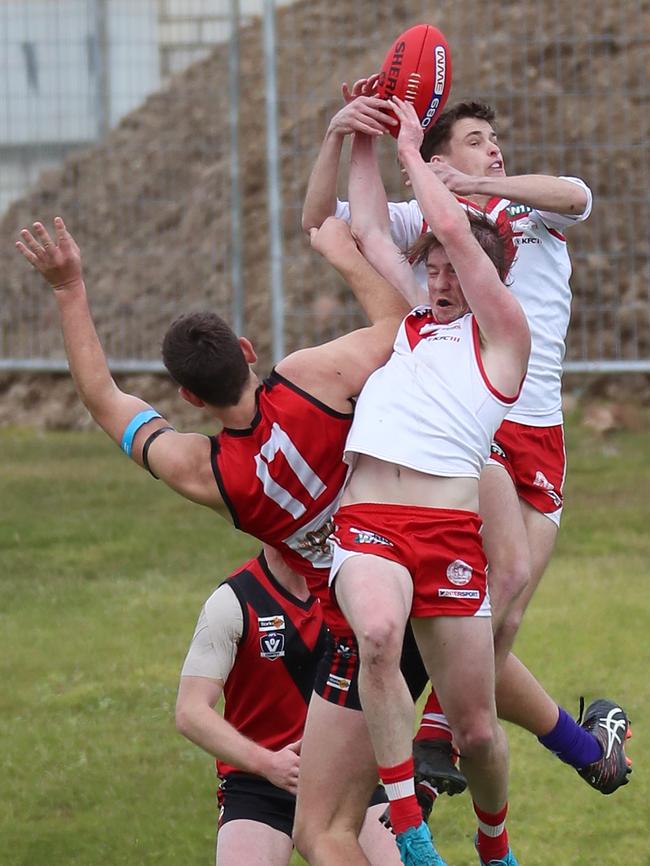 Ararat’s Ethan Summers launches over the top.