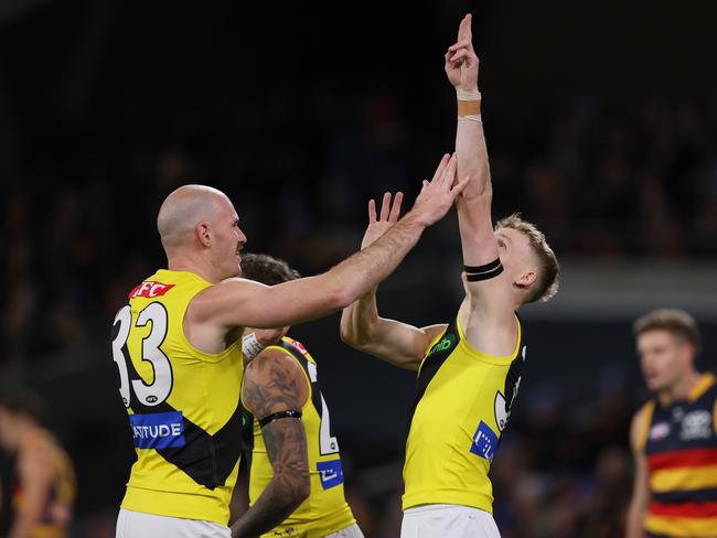 Richmond’s goal kickers celebrate. (Photo by James Elsby/AFL Photos via Getty Images)