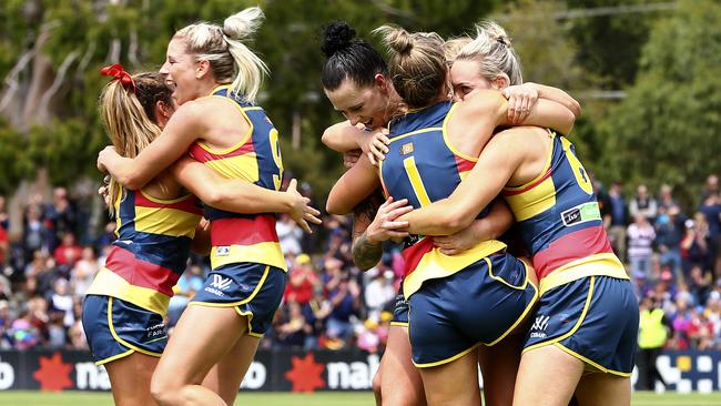 Jubilation from the Crows after the final siren. Picture: Sarah Reed