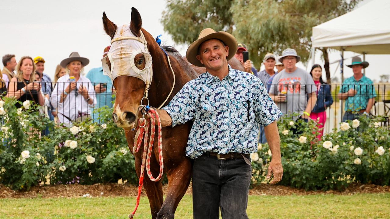 Trainer Bevan “Billy” Johnson and Fab's Cowboy after his last day of racing at Longreach. Picture: Roxy Weston RLR Photography