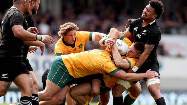 New Zealand's Ardie Savea tackles James O”Connor during game two of the Bledisloe Cup.