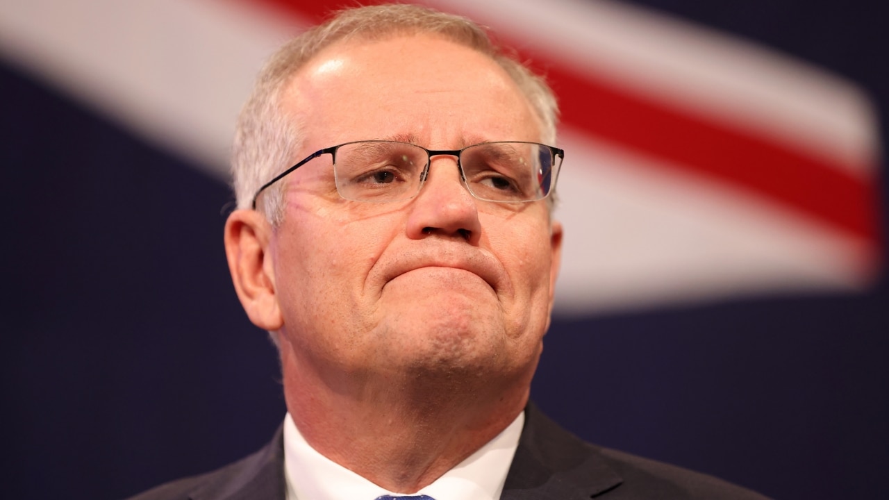SYDNEY, AUSTRALIA - MAY 21: Prime Minister of Australia Scott Morrison concedes defeat following the results of the Federal Election during the Liberal Party election night event at the Fullerton Hotel on May 21, 2022 in Sydney, Australia. Prime Minister Scott Morrison has conceded defeat to Labor leader Anthony Albanese in the 2022 Australian Federal Election. (Photo by Asanka Ratnayake/Getty Images)