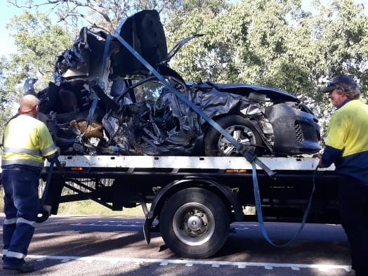 Vehicles being towed from the scene of last night's crashes at Mutarnee