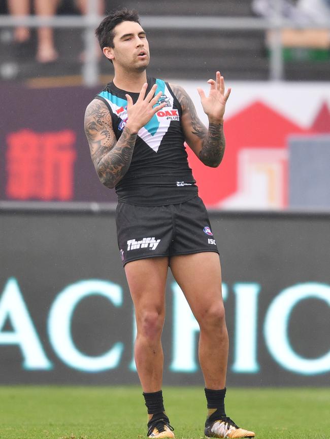 Chad Wingard reacts after missing a goal. Picture: AAP Image/David Mariuz