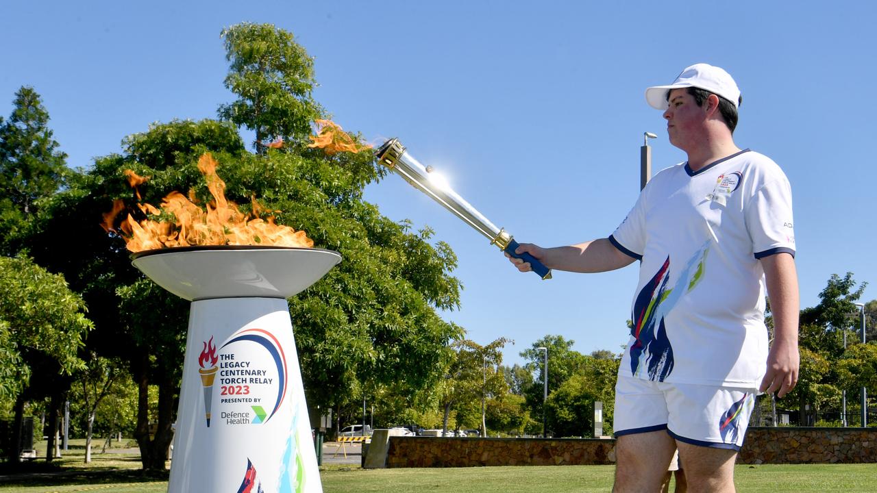 Legacy Centenary Torch Relay and community day at Jezzine Barracks. Torch bearer Mitchell Bingley lights the cauldron. Picture: Evan Morgan