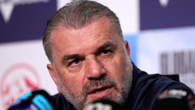 Tottenham Hotspurs' Head Coach Ange Postecoglou attends a press conference at AAMI Park in Melbourne on May 21, 2024, ahead of their friendly match against Newcastle United. (Photo by Martin KEEP / AFP) / -- IMAGE RESTRICTED TO EDITORIAL USE - STRICTLY NO COMMERCIAL USE --