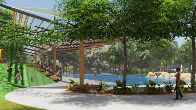 An artist’s impression of the $25 million upgrades planned for Casuarina Pool, which will include a play area and will be designed with a shaded and tropical setting. Picture: Supplied