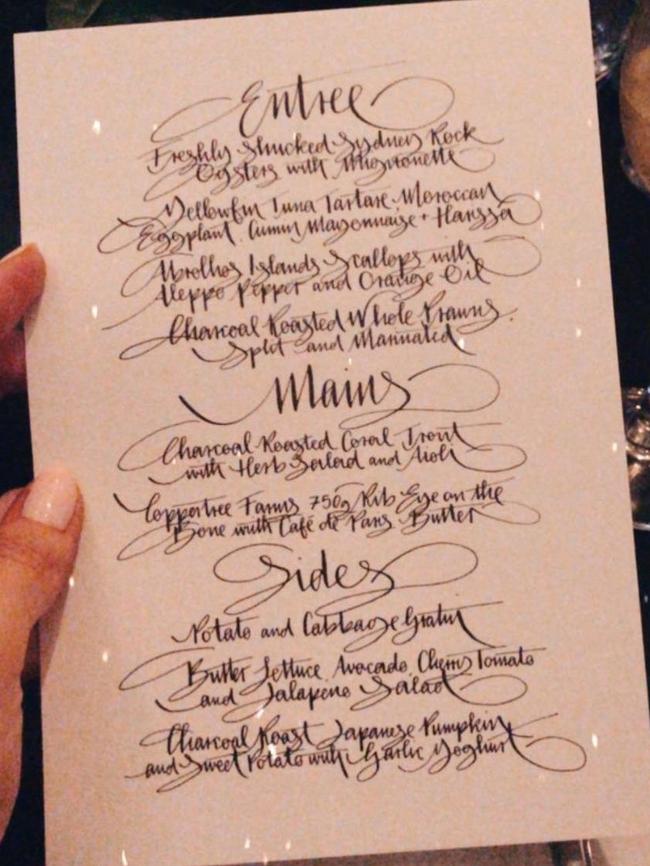 The menu for the wedding. Picture: Instagram