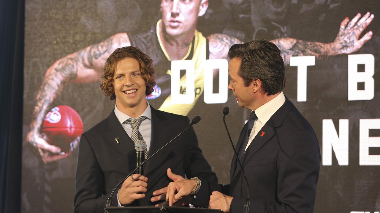 Browlow Medallist Nat Fyfe, on stage with Seven sports commentator Hamish McLachlan, entertained guests at the 2019 AFL Grand Final function in the Olympic Room at the MCG. Picture: Getty