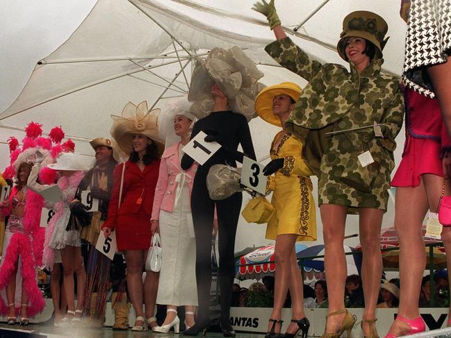 Contestants line up for the Fahions on the Field competition in 1995.