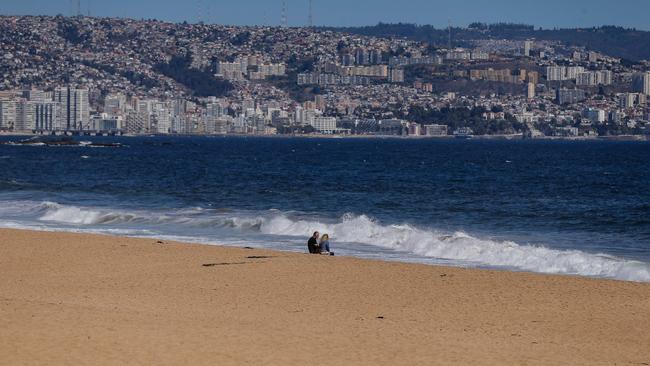 A near-deserted Renaca beach in Vina del Mar, in the Valparaiso Region of Chile. Picture: AFP