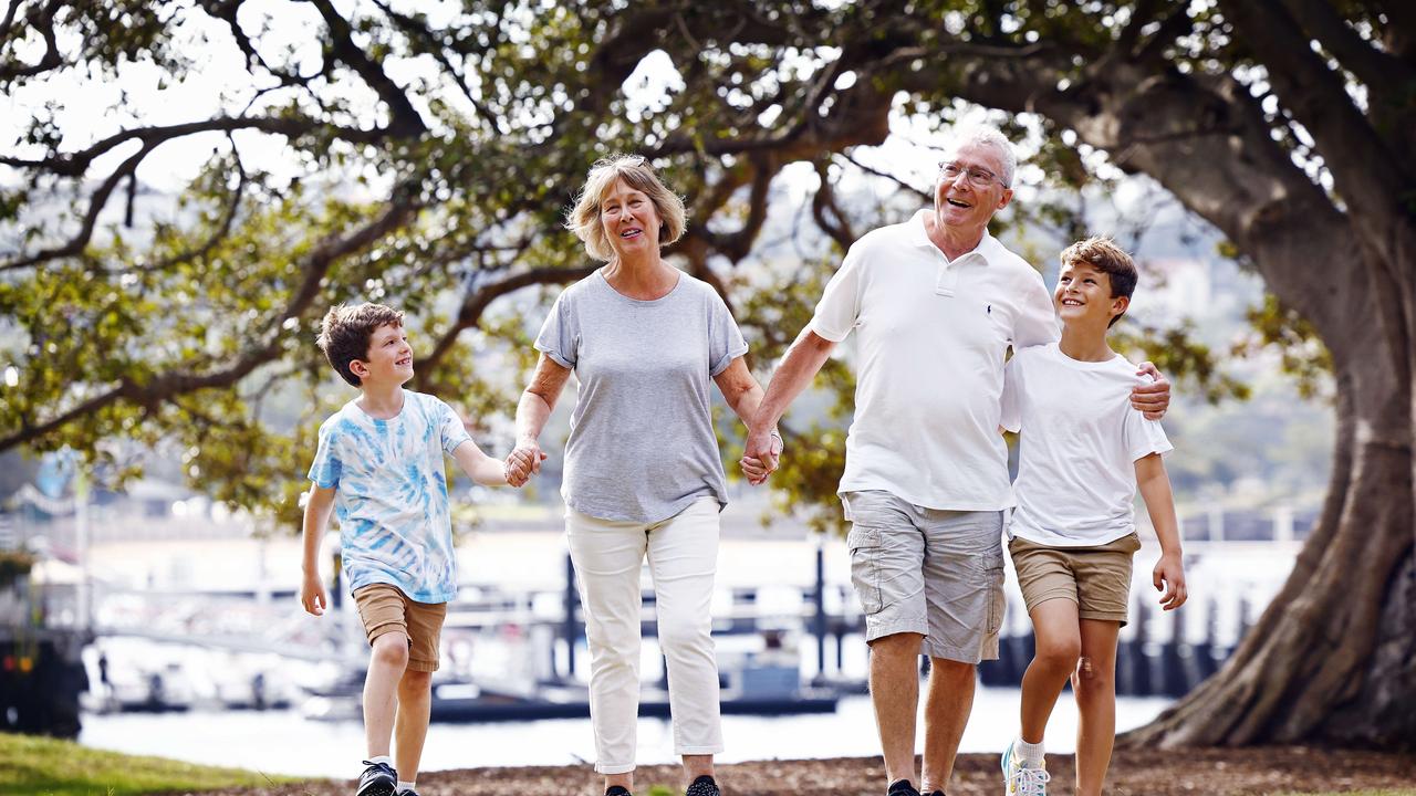 Grandparents Sarah and Paul Barnes with their grandkids Hugo (right) and Tom (left). Picture: Sam Ruttyn