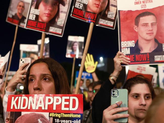 Relatives and supporters of Israeli hostages during a demonstration in front of the Israeli parliament, Jerusalem. Picture: AFP