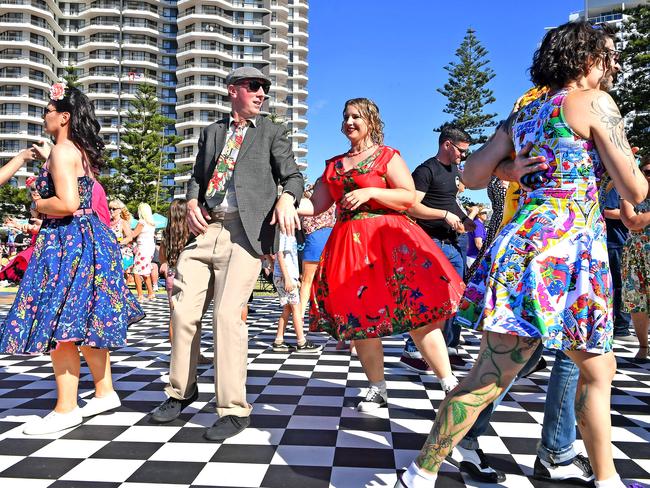 Casey Sherry, Simon Baker dance at the Cooly Rocks On festival. Picture: John Gass